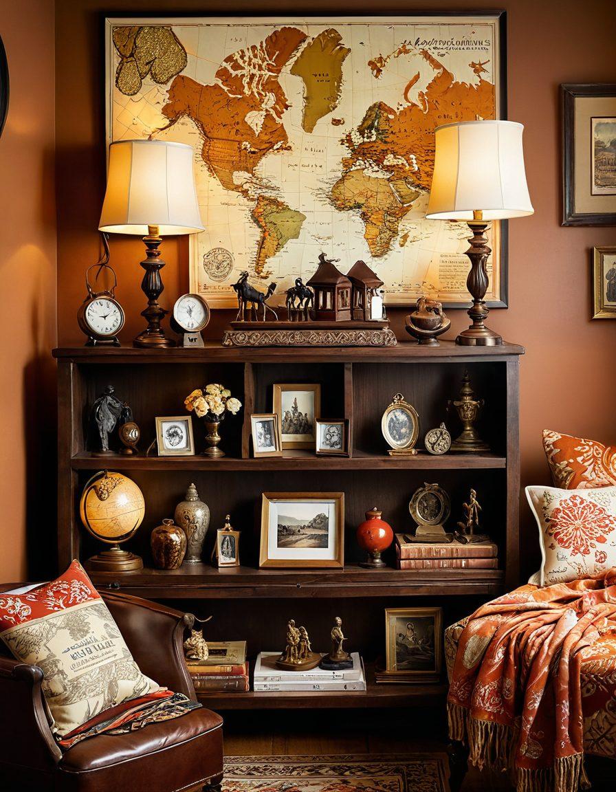 A beautifully arranged display of diverse keepsakes from around the world, including intricate handcrafted items, vibrant textiles, and culturally significant souvenirs. The setting should evoke a sense of nostalgia, showcasing warm lighting and a cozy atmosphere, with travel maps and photographs subtly in the background. Emphasize a connection to various cultures while capturing the essence of remembrance. vintage style. soft focus. warm colors.