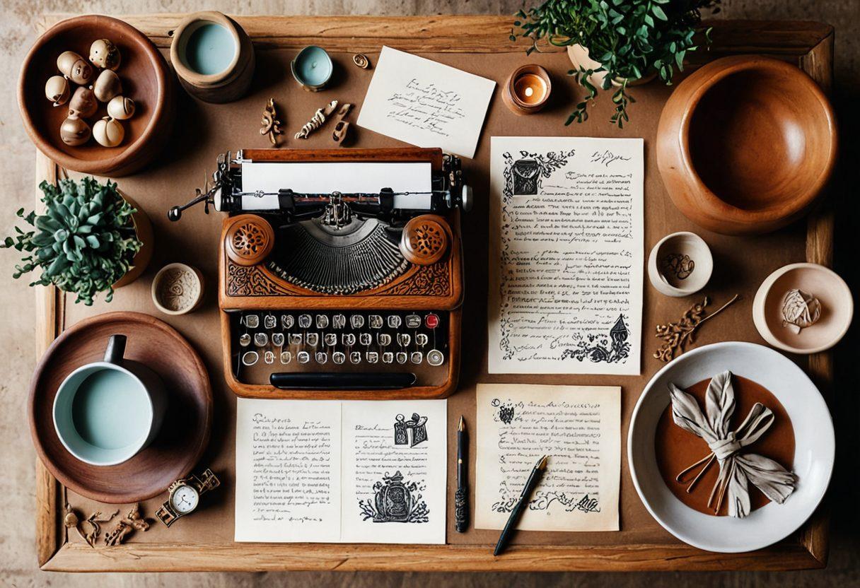 A beautifully arranged flat lay featuring artisan crafts on one side, including hand-carved wooden items and handmade pottery, transitioning to vintage finds on the other side, like retro typewriters and antique jewelry boxes. The background should be a soft, neutral fabric, creating a cozy and inviting atmosphere. Overlay with faint storytelling elements, like delicate illustrations of handwritten letters and whimsical doodles. warm lighting. super-realistic. vibrant colors.