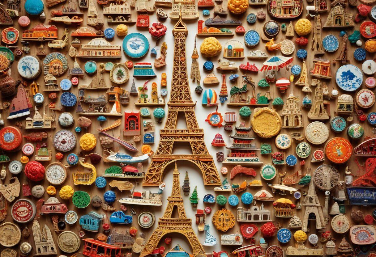 A beautifully arranged collection of diverse souvenirs from around the world, including colorful magnets, intricate trinkets, and handcrafted items, displayed against a vibrant travel-themed background featuring iconic landmarks like the Eiffel Tower and the Great Wall of China. Soft, warm lighting enhances the nostalgic atmosphere, inviting viewers to embark on their own travel journeys. super-realistic. vibrant colors. white background.